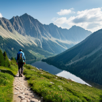 A solo trekker, seen from a respectful distance from behind, walking on a winding mountain path in the picturesque Zakopane region of Poland. The trekker is fully clothed in modest, professional, and layered hiking attire, including sturdy waterproof trekking boots and a light backpack. The scene features the majestic Tatra Mountains in the background, with a serene, crystal-clear mountain lake (inspired by Morskie Oko) reflecting the sky. Dense, ancient spruce forests line the path, and a gentle morning mist drifts over the peaks, creating a tranquil and refreshing atmosphere. Perfect anatomy, natural pose, correct proportions, well-formed hands, proper finger count, natural body proportions. Professional photography, high detail, vibrant natural colors, atmospheric light, safe for work, appropriate content, family-friendly.