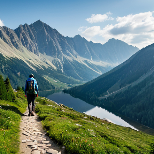 Home 4 A solo trekker, seen from a respectful distance from behind, walking on a winding mountain path in the picturesque Zakopane region of Poland. The trekker is fully clothed in modest, professional, and layered hiking attire, including sturdy waterproof trekking boots and a light backpack. The scene features the majestic Tatra Mountains in the background, with a serene, crystal-clear mountain lake (inspired by Morskie Oko) reflecting the sky. Dense, ancient spruce forests line the path, and a gentle morning mist drifts over the peaks, creating a tranquil and refreshing atmosphere. Perfect anatomy, natural pose, correct proportions, well-formed hands, proper finger count, natural body proportions. Professional photography, high detail, vibrant natural colors, atmospheric light, safe for work, appropriate content, family-friendly.
