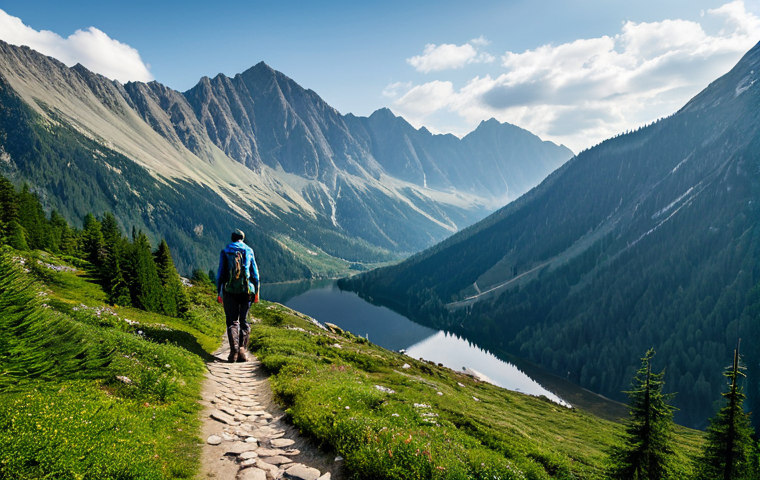 A solo trekker, seen from a respectful distance from behind, walking on a winding mountain path in the picturesque Zakopane region of Poland. The trekker is fully clothed in modest, professional, and layered hiking attire, including sturdy waterproof trekking boots and a light backpack. The scene features the majestic Tatra Mountains in the background, with a serene, crystal-clear mountain lake (inspired by Morskie Oko) reflecting the sky. Dense, ancient spruce forests line the path, and a gentle morning mist drifts over the peaks, creating a tranquil and refreshing atmosphere. Perfect anatomy, natural pose, correct proportions, well-formed hands, proper finger count, natural body proportions. Professional photography, high detail, vibrant natural colors, atmospheric light, safe for work, appropriate content, family-friendly.